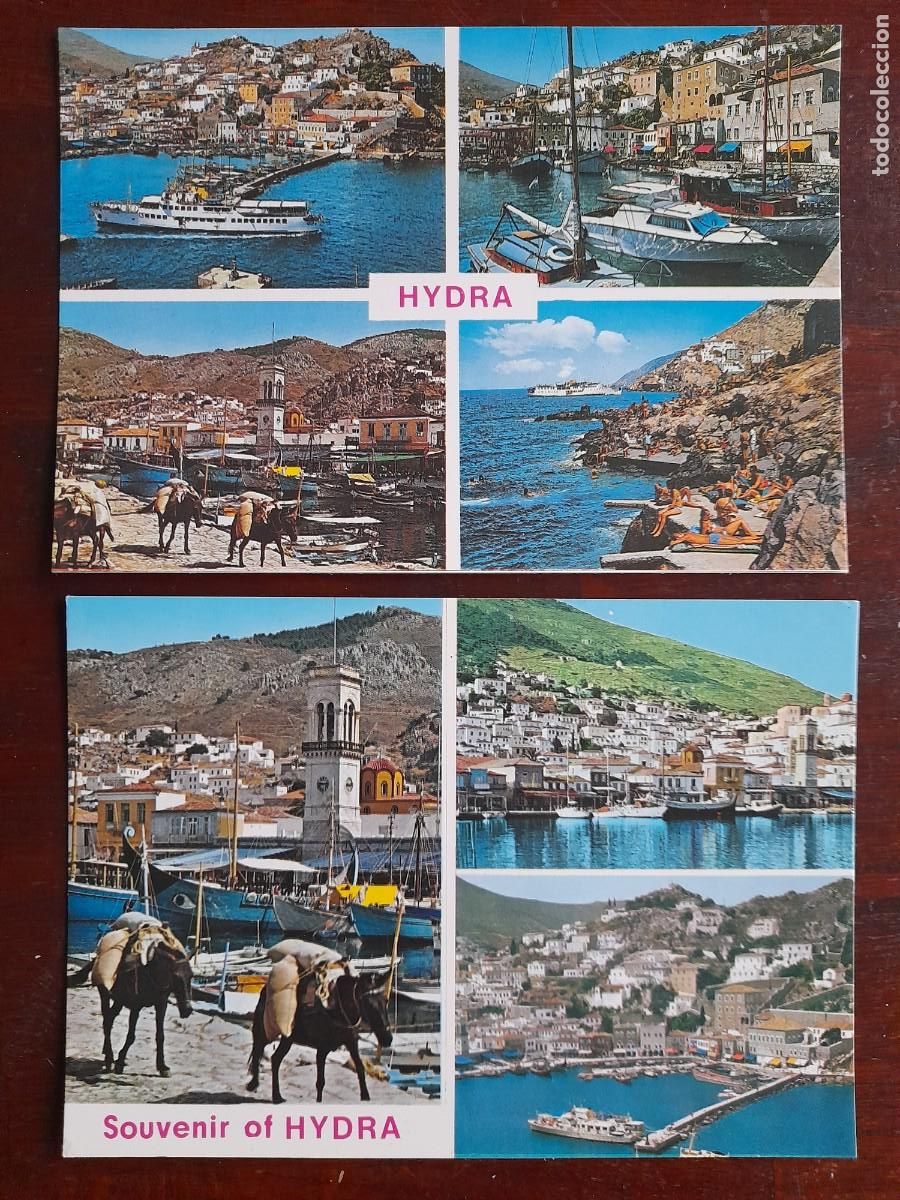 Cartes Postales: Una postal isla de Hidra donde las mulas reinan golfo del Saronico, 70&acute;s Grecia 2 tarjetas a elegir