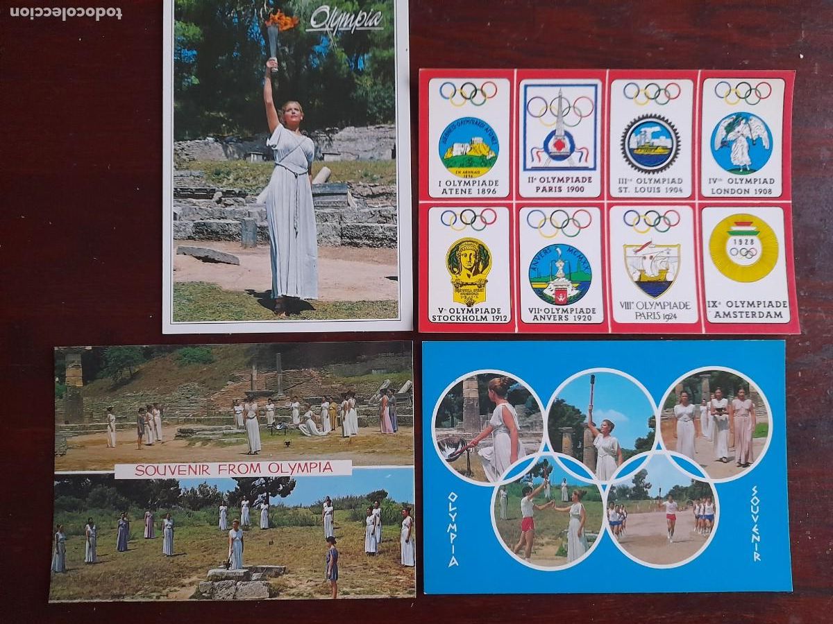 Cartes Postales: Una postal vintage recreacion encendido llama Ol&iacute;mpica en Grecia. A&ntilde;os 80&acute;s. 4 tarjetas a elegir