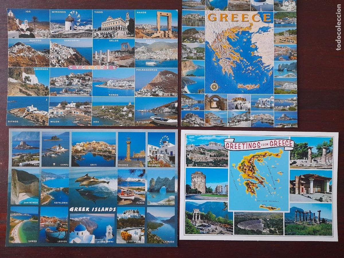 Cartes Postales: Una postal vista varias archipielago de Cicladas, islas y ciudades de Grecia 4 tarjetas a elegir