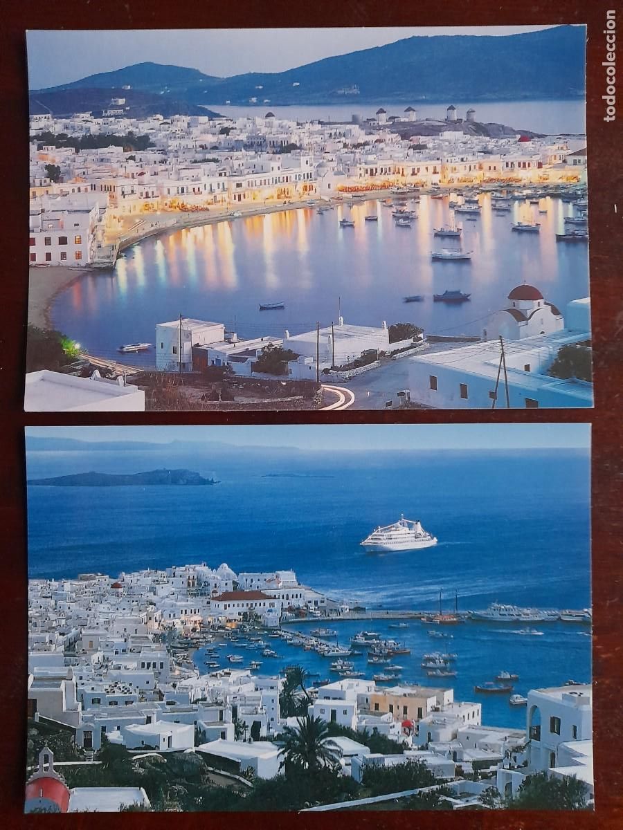 Cartes Postales: Una postal vista a&eacute;rea nocturna playa paseo mar&iacute;timo isla de Mikonos Grecia 2 tarjetas a elegir