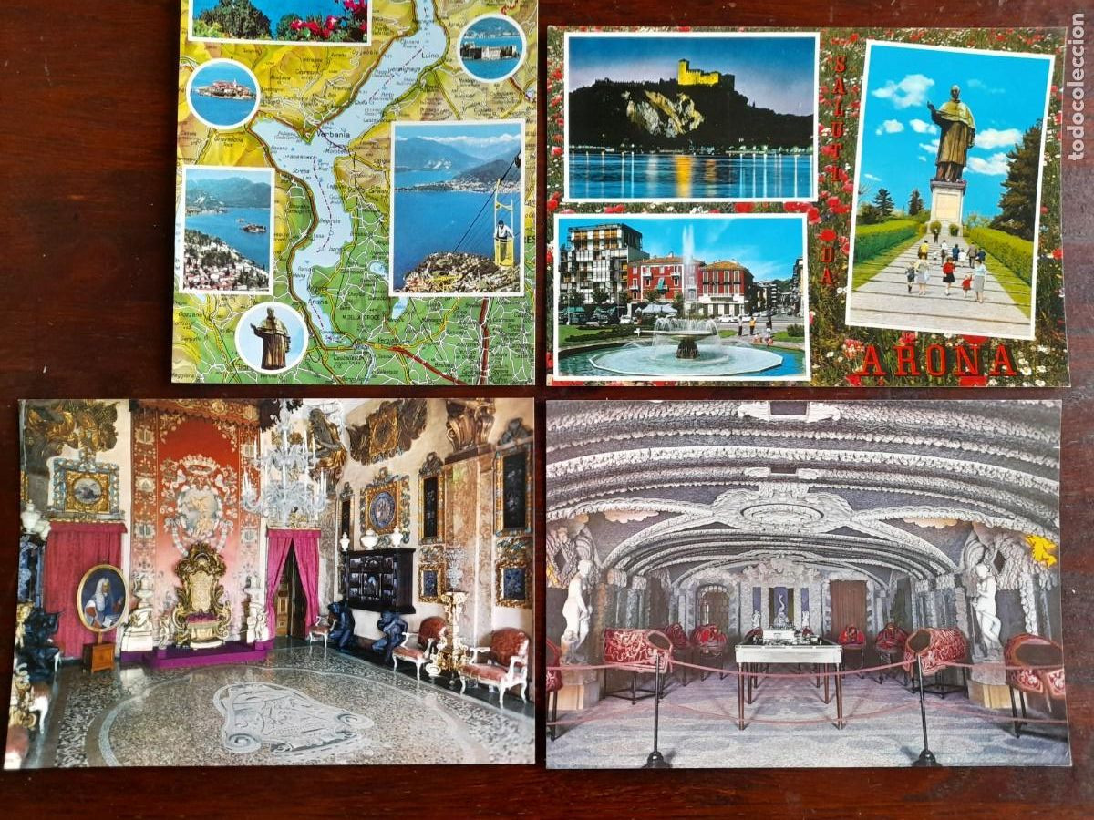 Cartes Postales: Una postal Lago Maggiore poeblos costeros Isola Bellla, Borromeo di Angera, Italia 4 tarjetas a ele