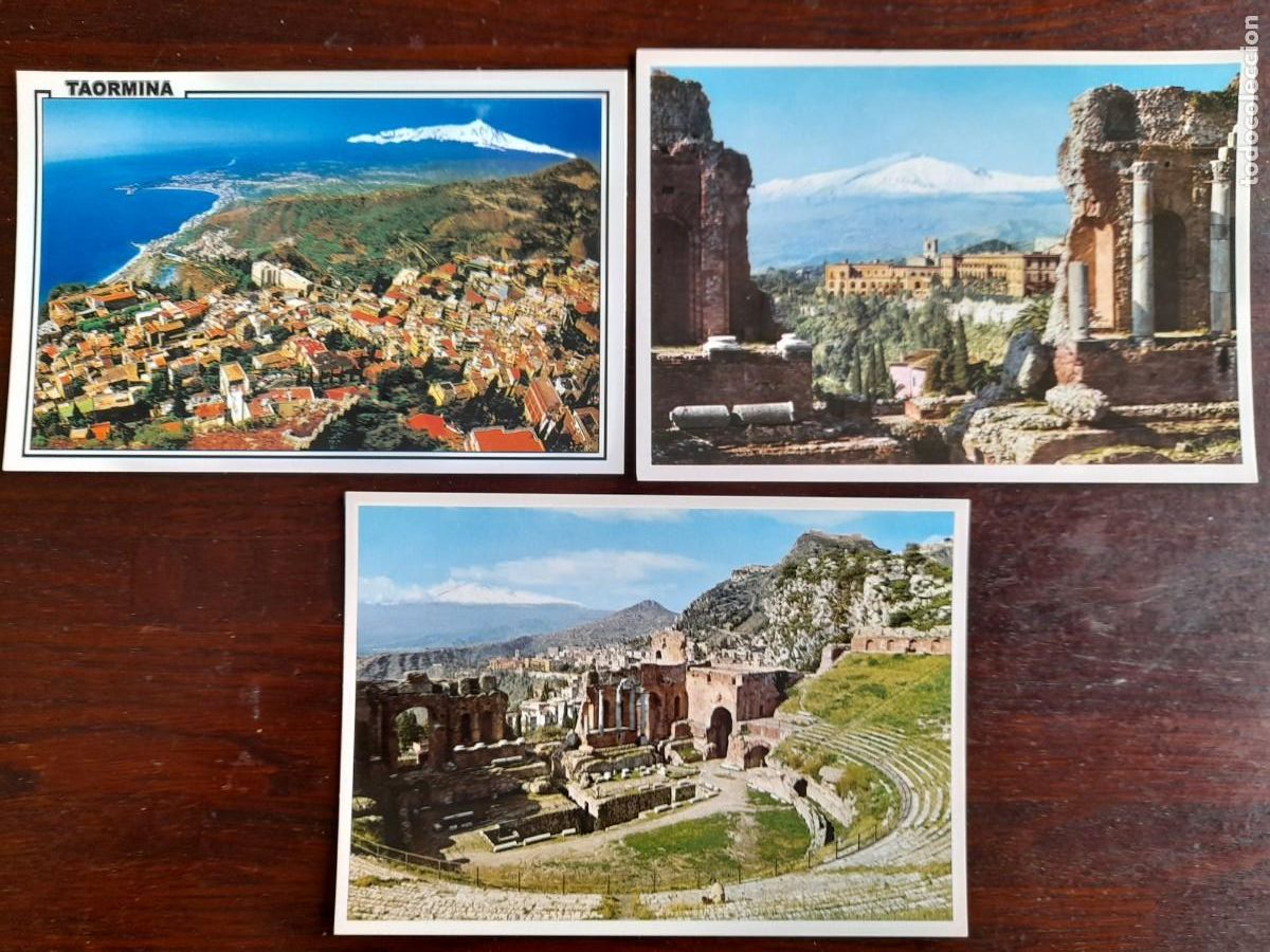 Cartes Postales: Una postal Taormina mar Jonico, San Domenico, Teatro greco, Etna Sicilia, Italia 3 larjetas a elegir