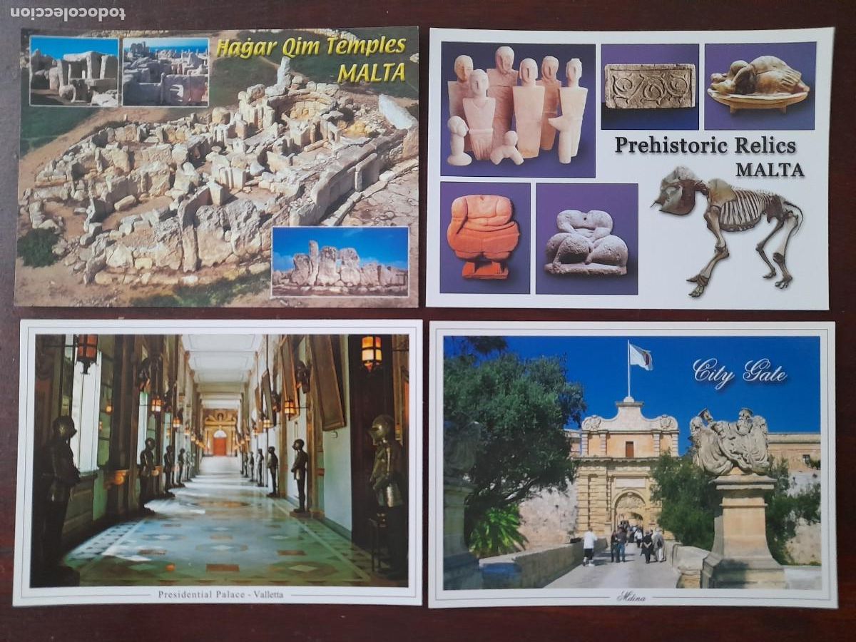 Cartes Postales: Una postal templo Hagar Quim en Qrendi, Xaghra, palacio Gran Maestre, Mdina Malta 4tarjetas a elegir