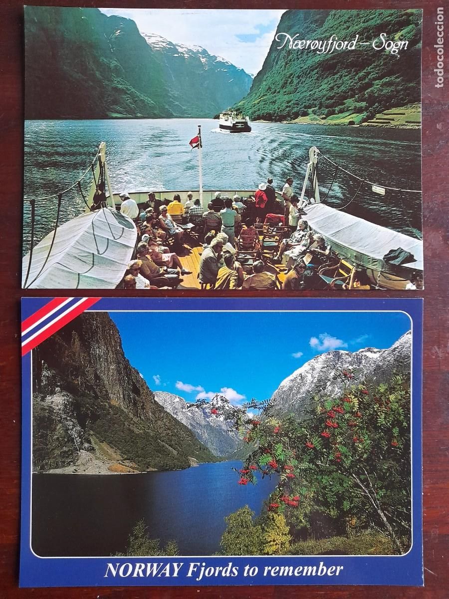 Cartes Postales: Una postal fiordo de Naeroyfjord y Sogn o Naeroy en el mar del norte Noruega 2 tarjetas a elegir