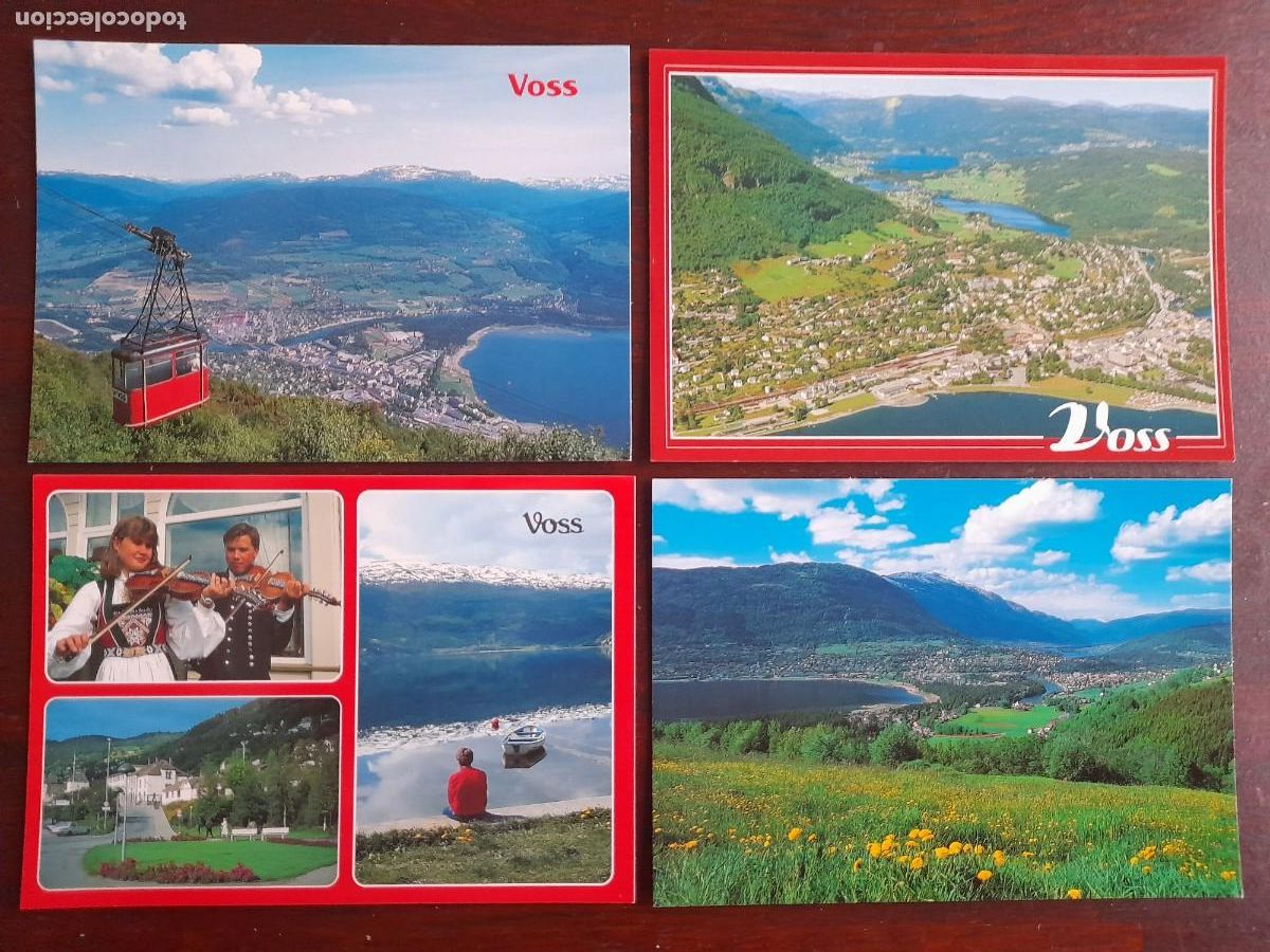 Postales: Una postal poblacion de Voss y fiordo de Hardanger telef&eacute;rico, Noruega 4 tarjetas a elegir