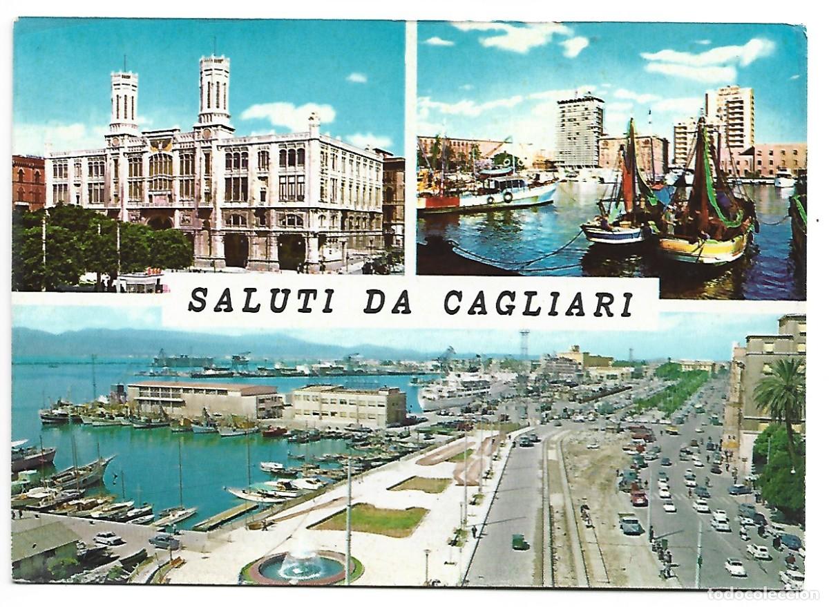 Postkarten: SALUTI DA CAGLIARI.- PALAZZO COMUNALE - IL PORTO - VIA ROMA E IL PORTO.- CAGLIARI / ITALIA