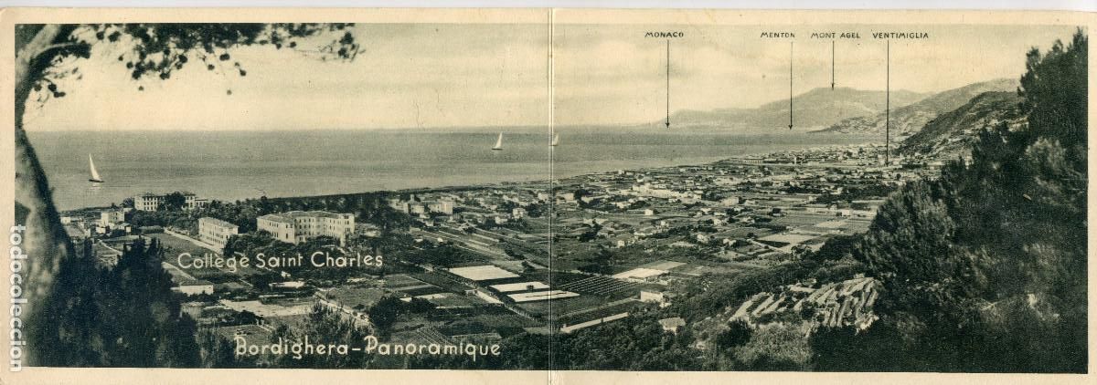 Cartes Postales: Bordighera. Panoramique. Coll&egrave;ge Saint Charles, postal panor&aacute;mica doble
