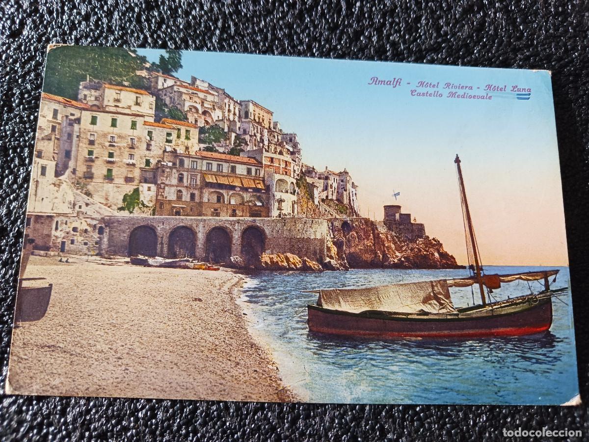 Cartes Postales: 26103 amalfi, hotel riviera, hotel luna, castello medievale, coloreada, circulada 1937