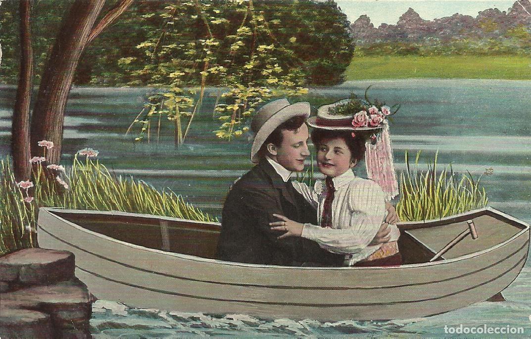 Postales: Pareja enamorados en barca. Suecia. 9x14 cm. 1084. Postal. Escrita con sello. 1911.