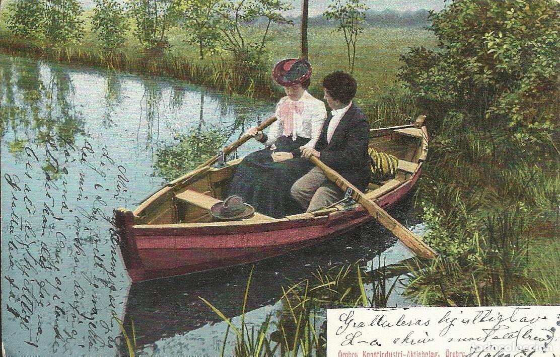 Postales: Pareja enamorados en barca. Suecia. 9x14 cm. Postal. Escrita sello. 1904.