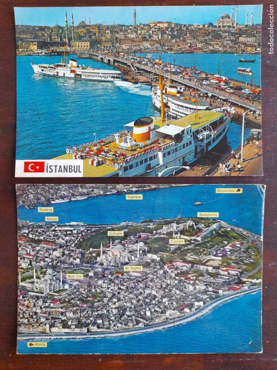 Cartoline: Una postal rio Bosforo y puente Galata frente mezquita azul de Estambul Turkia 2 tarjetas a elegir