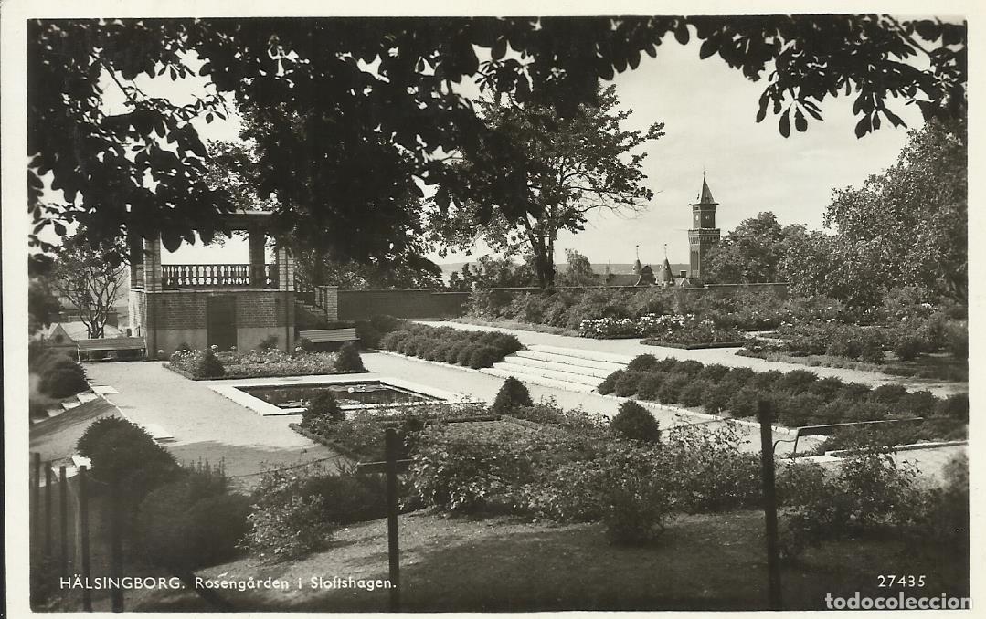 Postales: Suecia. Halsingborg. Rosengarden i Sloftshagen. 1930. Postal. 9x14 cm. Escrita con sello.