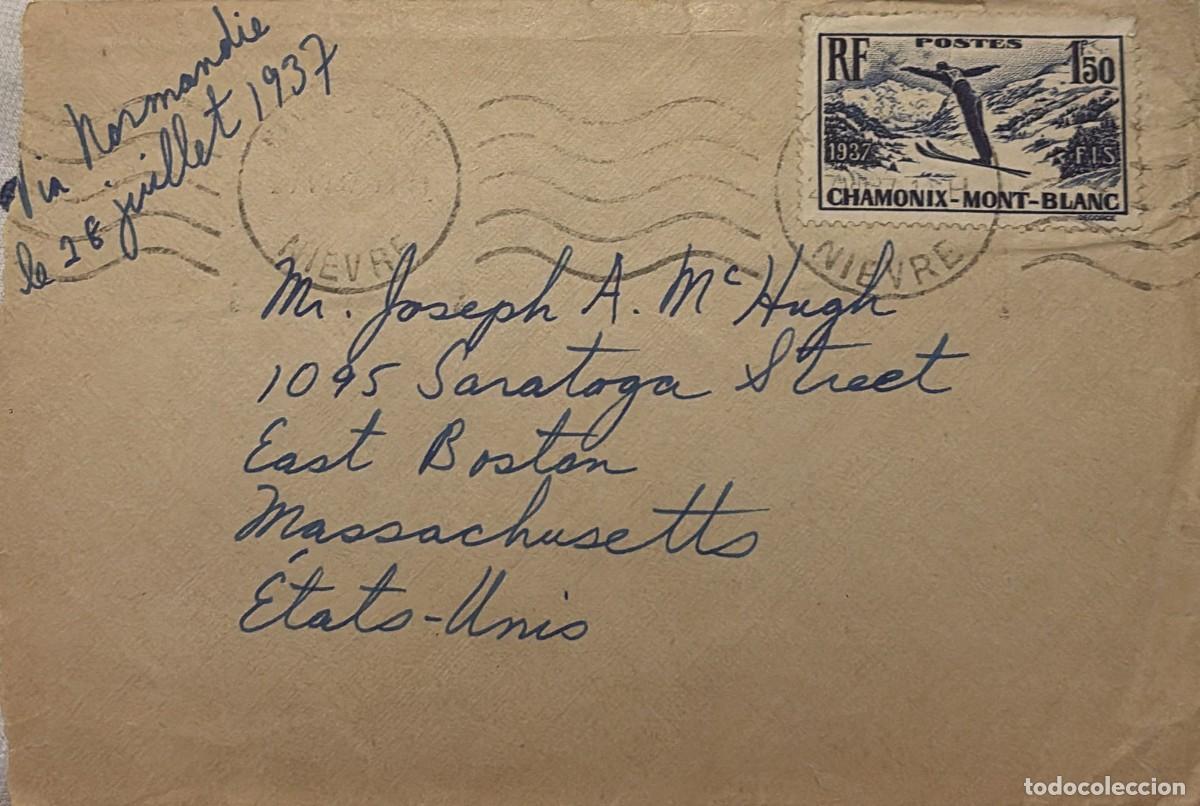 Postales: O) 1937 FRANCE, VIA NORMANDY, SKIING, INTERNATIONAL SKI MEET CHAMONIX - MONT BLANC, SCT 322 1.50fr