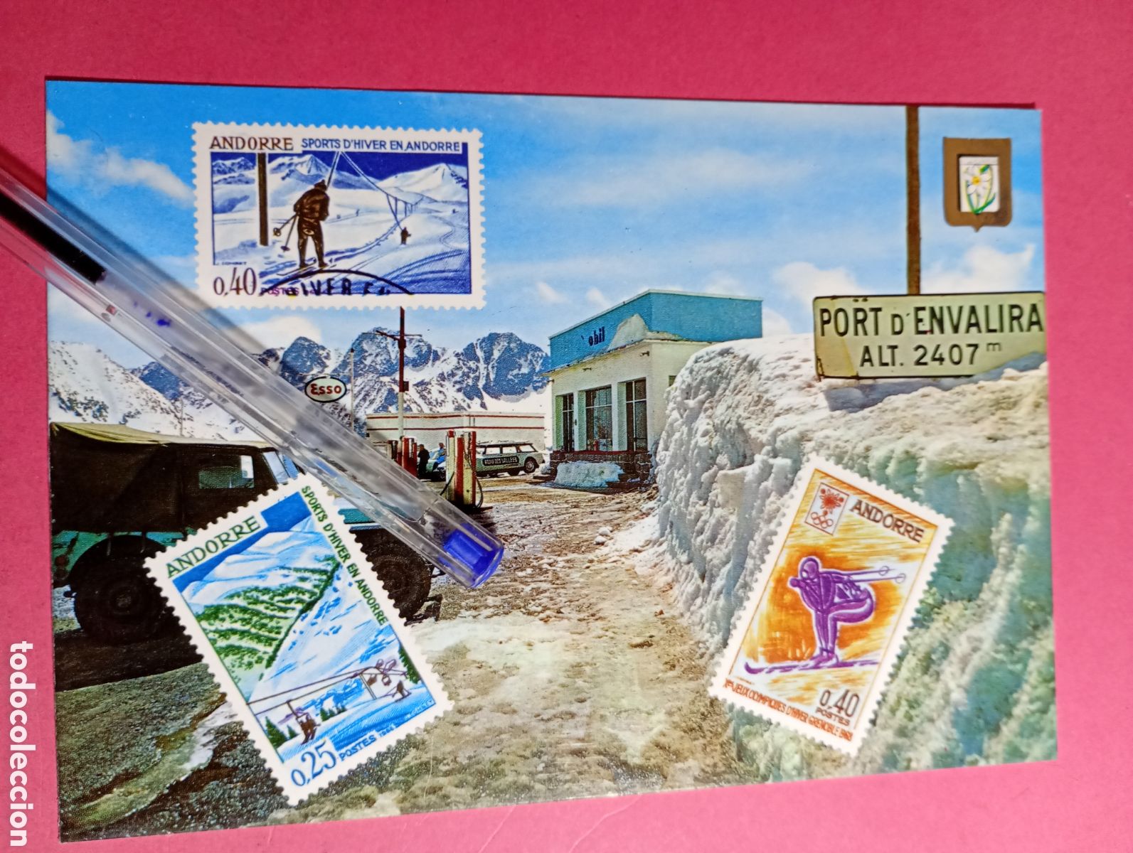 Postales: S/C COL. VALLS D&acute;ANDORRA 170 PORT D&acute;ENVALIRA NEVAT 3 segells esqu&iacute; entero postal ESCUDO DE ORO R1086
