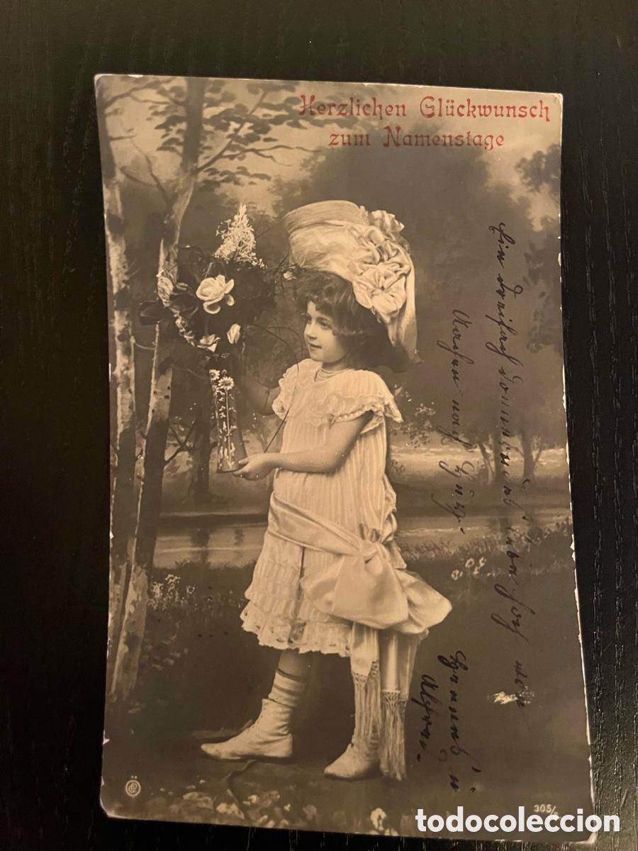 Postcards: Postal alemana de ni&ntilde;a con flores. Circulada de 1908.