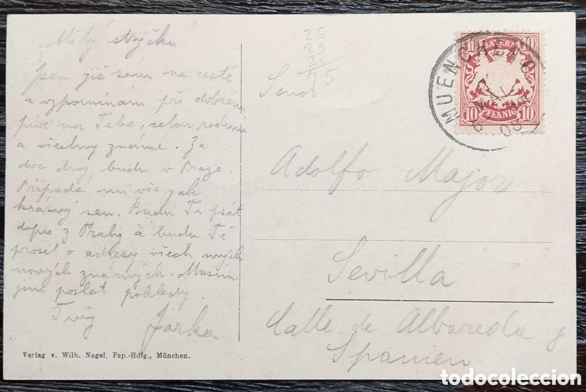 Postales: Postal Rathaus M&uuml;nchen circulada de M&uacute;nich a Sevilla 1908 - Foto 2