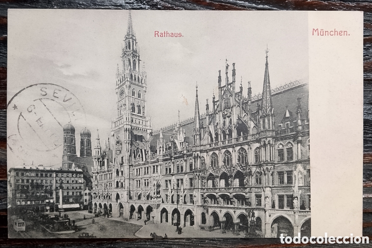 Postales: Postal Rathaus M&uuml;nchen circulada de M&uacute;nich a Sevilla 1908 - Foto 1