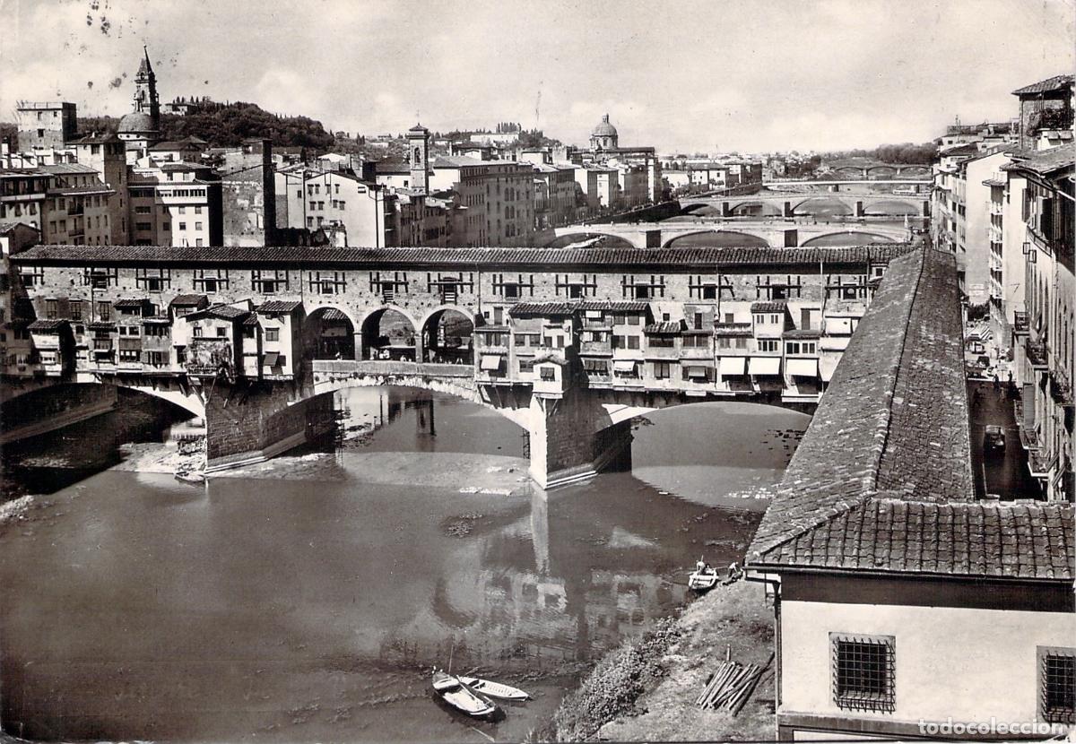 Postales: Postal Florencia Ponte Vecchio, R&iacute;o Arno, Italia - Fotograf&iacute;a en Blanco y Negro