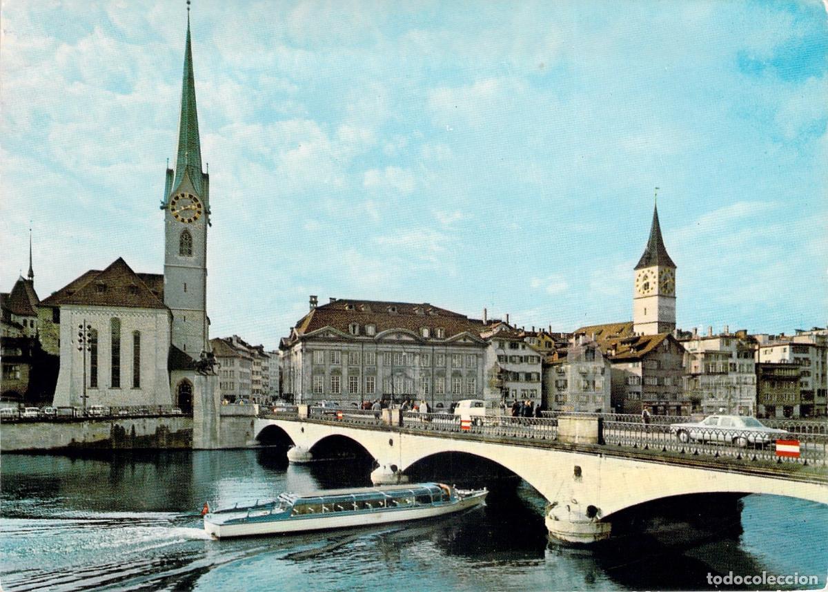 Postales: Postal Z&uacute;rich Suiza, R&iacute;o Limmat, Iglesias Fraum&uuml;nster y San Pedro