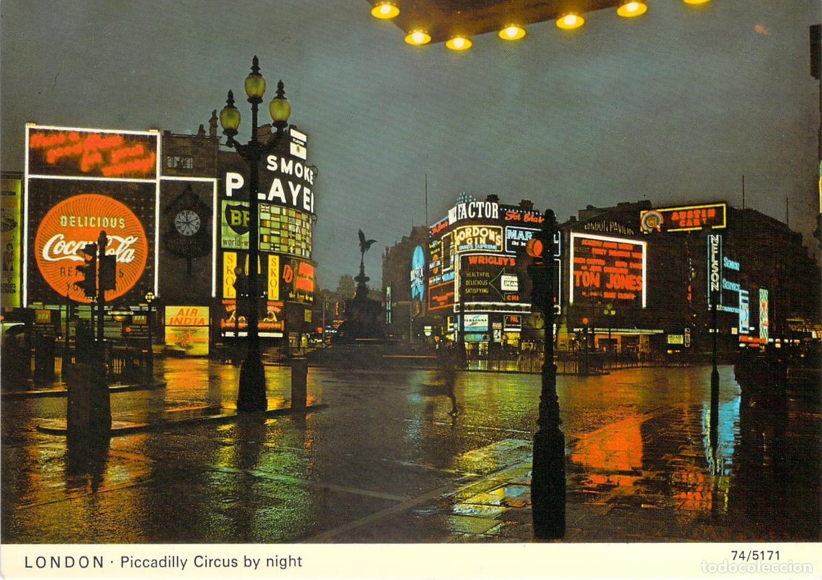 Cartes Postales: Postal Piccadilly Circus Londres de Noche Luces Ne&oacute;n 1970s Gran Breta&ntilde;a