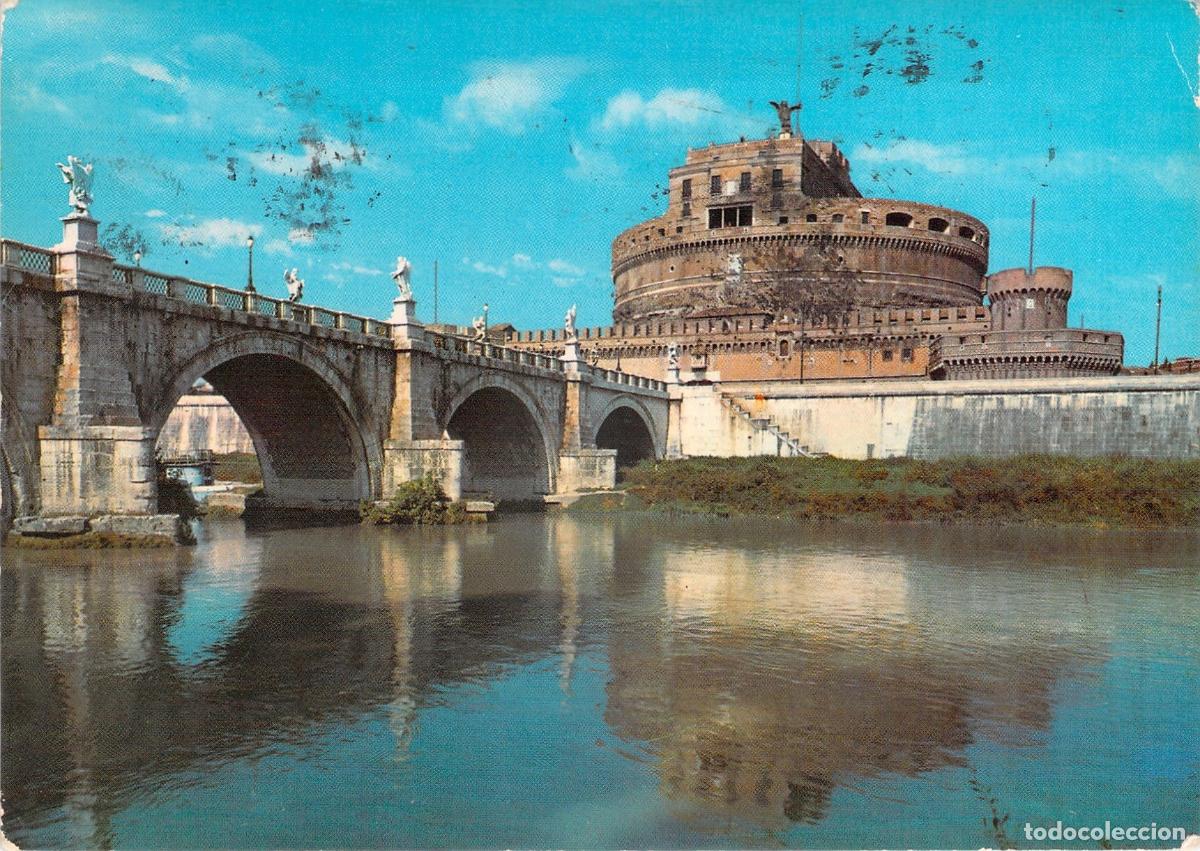 Postkarten: Postal Roma Italia: Castel Sant'Angelo y Puente sobre el R&iacute;o T&iacute;ber, color.
