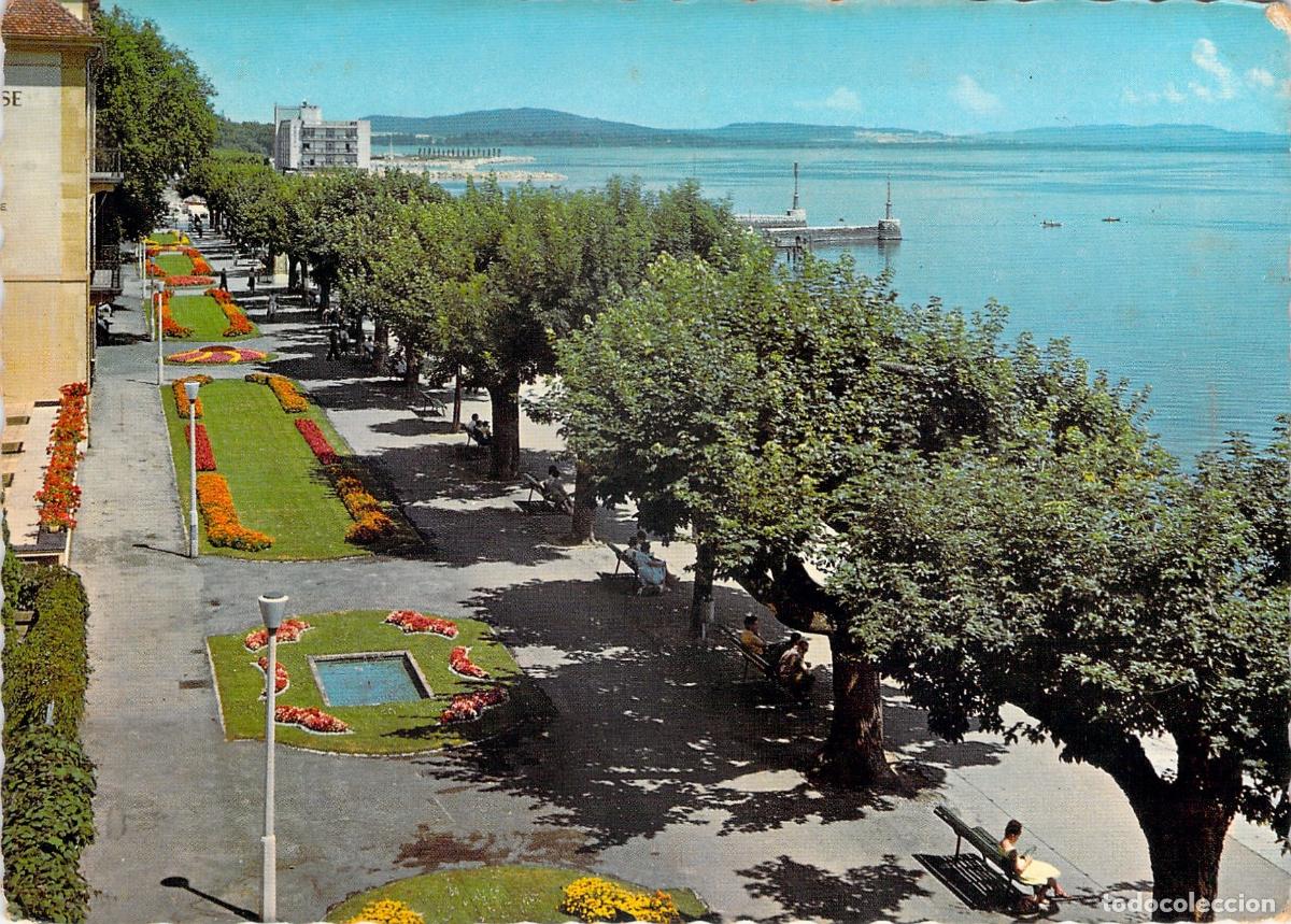 Cartoline: Postal Neuch&acirc;tel Suiza: Vistas del Quai y Jardines del Lago