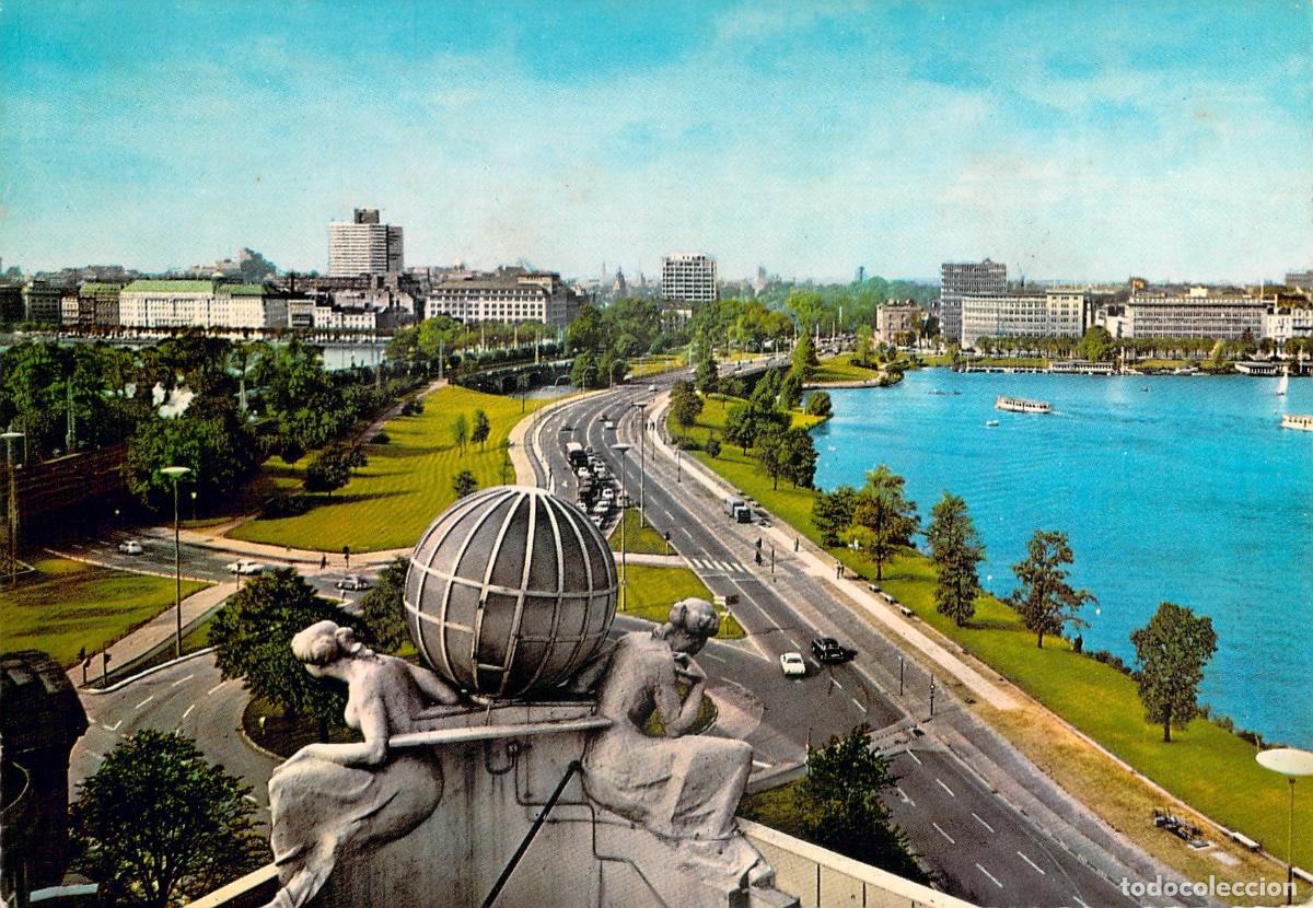 Cartoline: Postal Hamburgo: Vista panor&aacute;mica Alster, Puente Kennedy y Hotel Atlantic