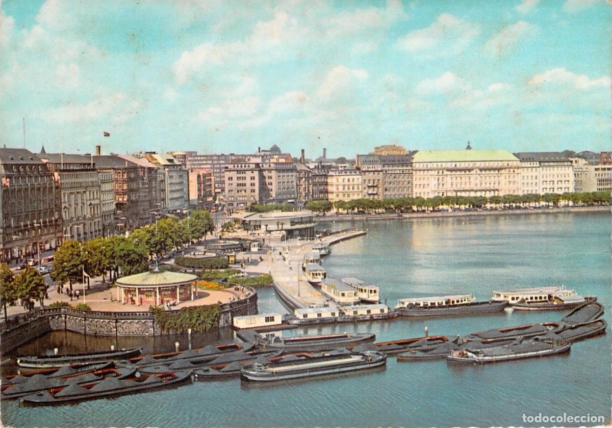 Cartoline: Postal Hamburgo, Jungfernstieg y Lago Binnenalster, Vista Panor&aacute;mica Urbana