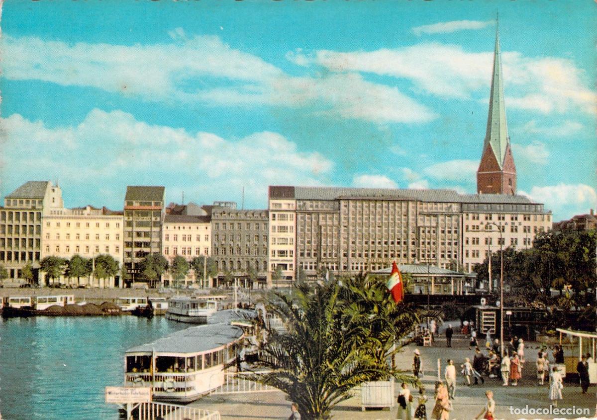 Postais: Postal Hamburgo Alemania Occidental - Binnenalster y Iglesia San Pedro (Petrikirche)