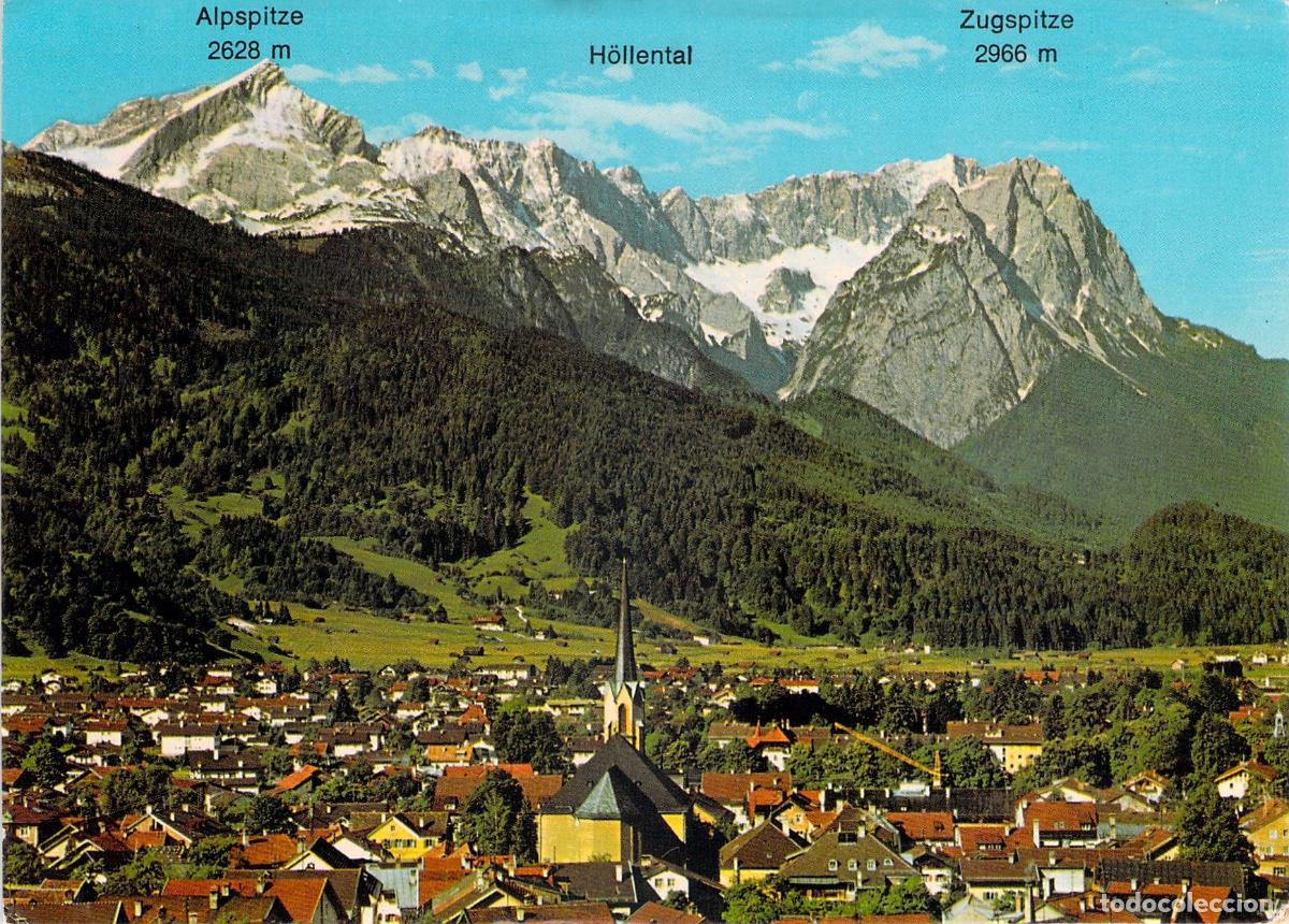 Postais: Postal Garmisch-Partenkirchen, Alemania: Vista contra el Zugspitze y Alpspitze