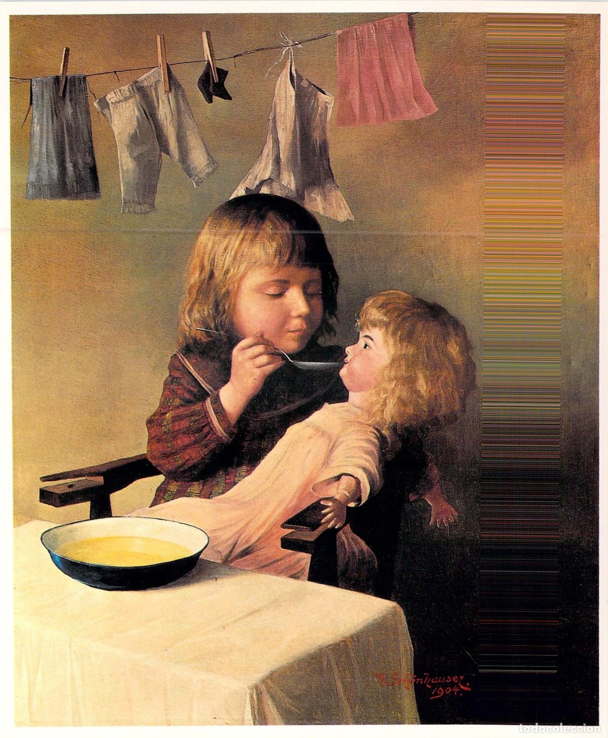 Postales: Postal Arte Heinrich Schonhauser Ni&ntilde;a Alimentando a su Mu&ntilde;eca Viena