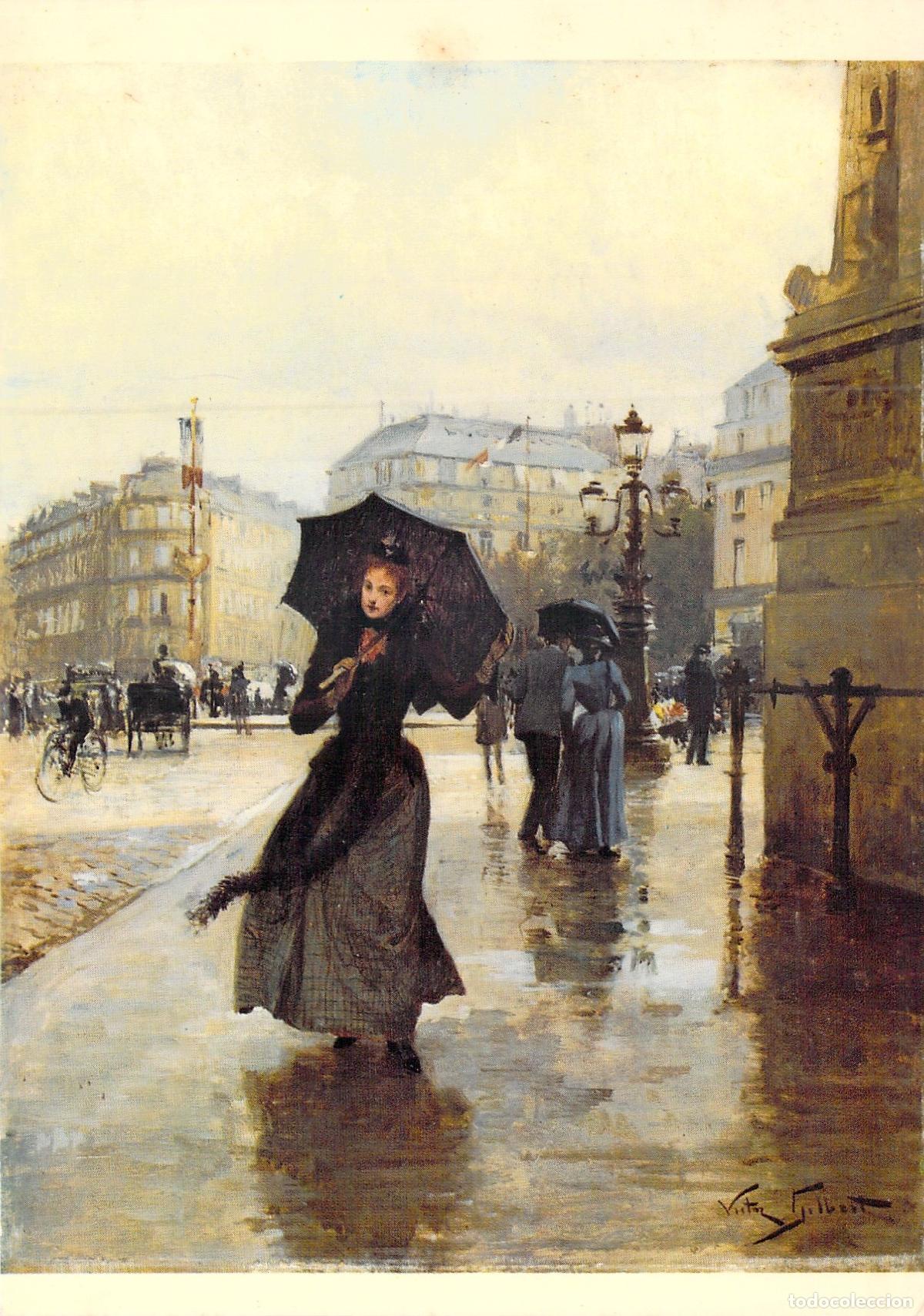 Postkarten: Postal Arte Franc&eacute;s: V. G. Gilbert &rdquo;La Demoiselle&rdquo; - Museo Bayeux, Lluvia
