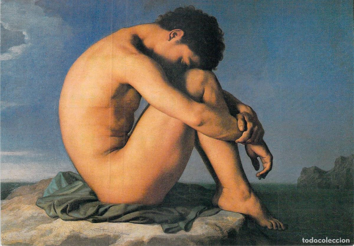 Cartes Postales: Postal Arte Neocl&aacute;sico, Joven Desnudo Sentado por el Mar, Hippolyte Flandrin