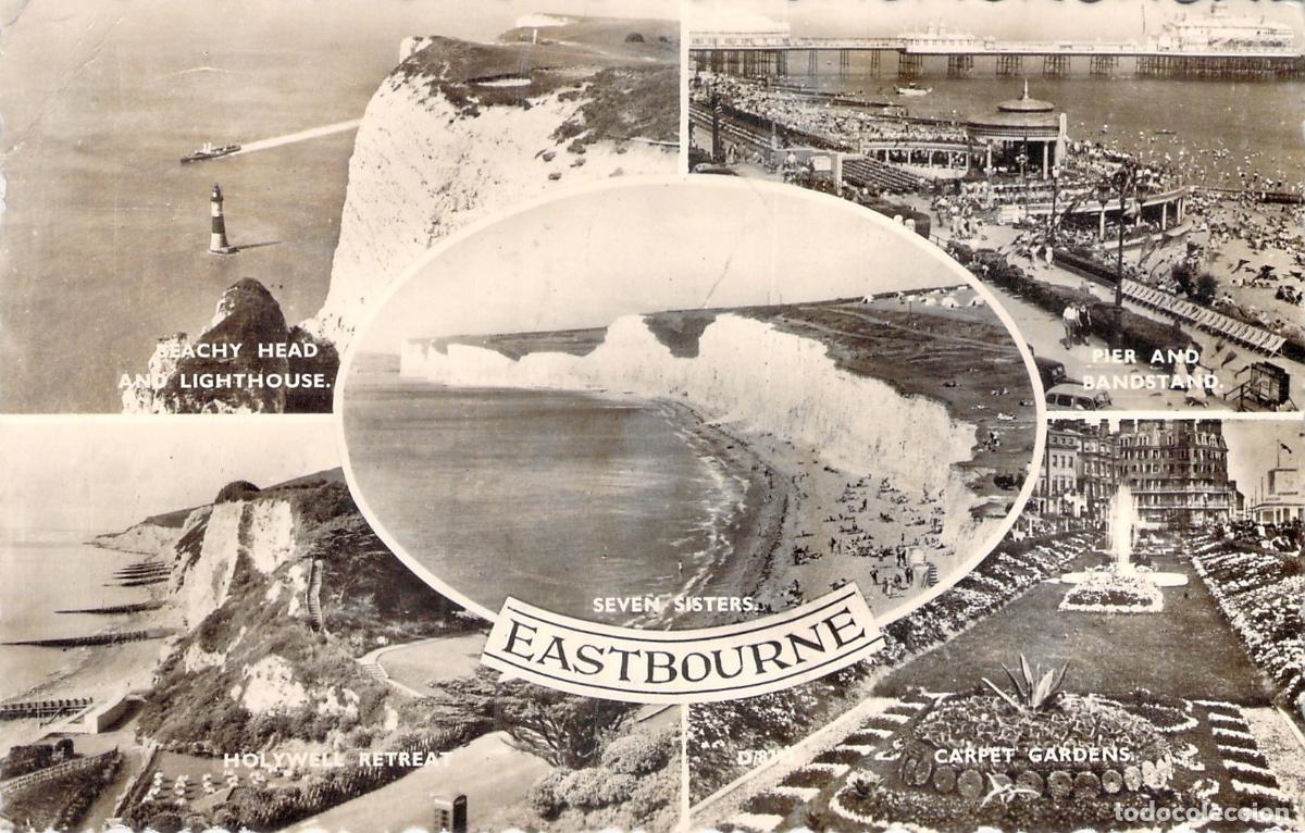 Postais: Postal Eastbourne Vistas M&uacute;ltiples Acantilados Seven Sisters y Faro Beachy Head