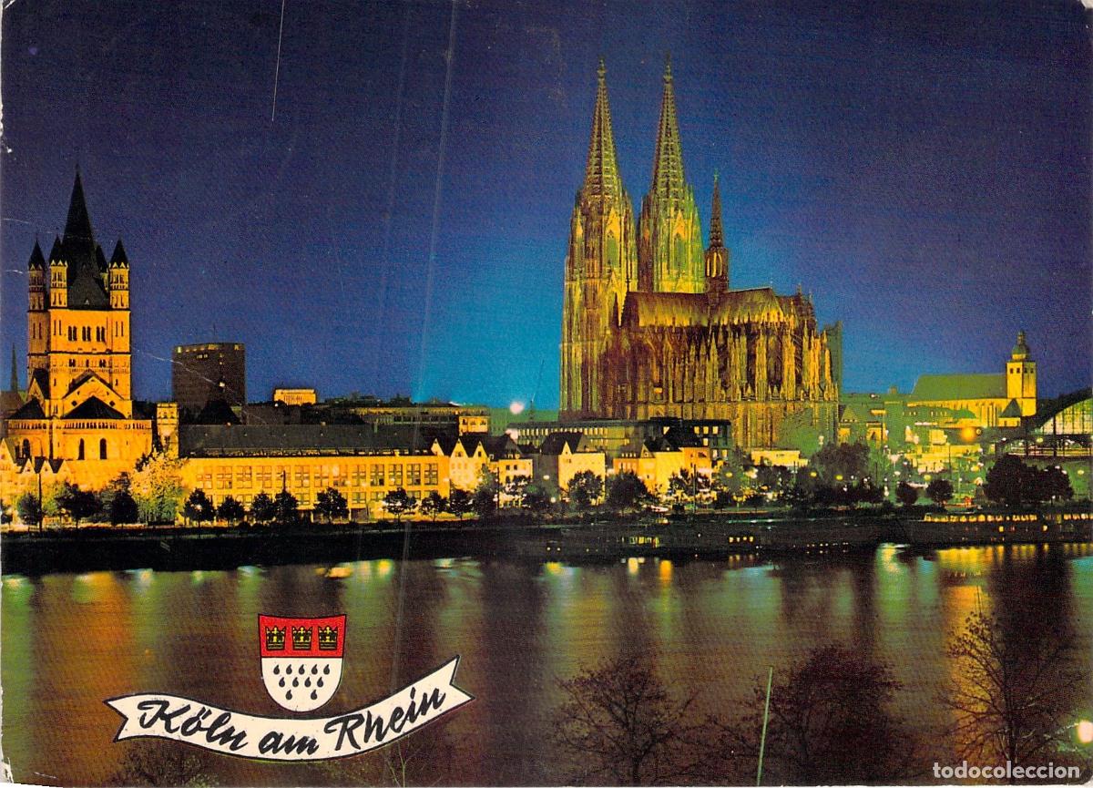 Postales: Postal Nocturna Colonia Alemania, Catedral Dom y R&iacute;o Rin, Rhein, Arquitectura