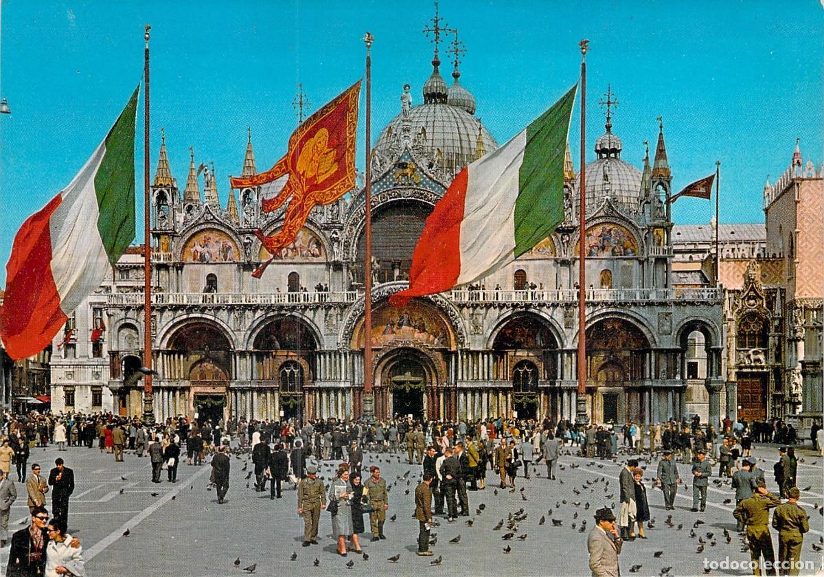 Cartes Postales: Postal Plaza y Bas&iacute;lica de San Marcos, Venecia, Italia. Gran afluencia