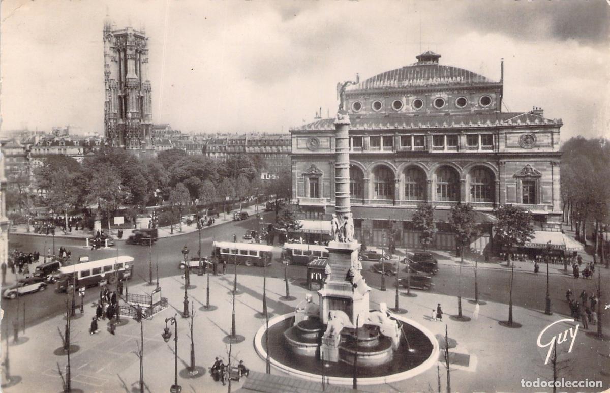 Postais: Postal Plaza del Ch&acirc;telet, Par&iacute;s. Fuente del Palmier y Tour Saint-Jacques.