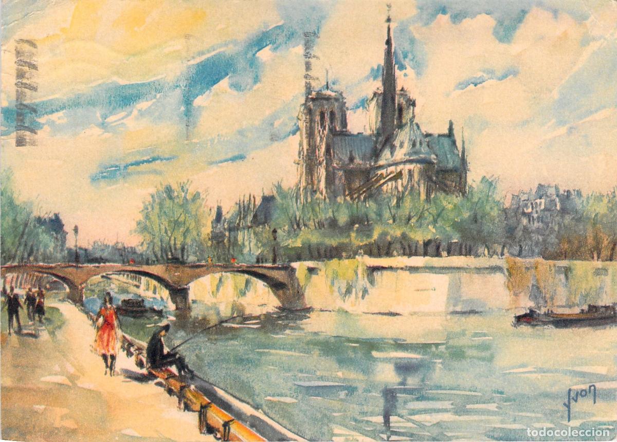 Cartoline: Postal Arte Par&iacute;s Notre-Dame, Muelles R&iacute;o Sena, Ilustraci&oacute;n Yvon Draeger