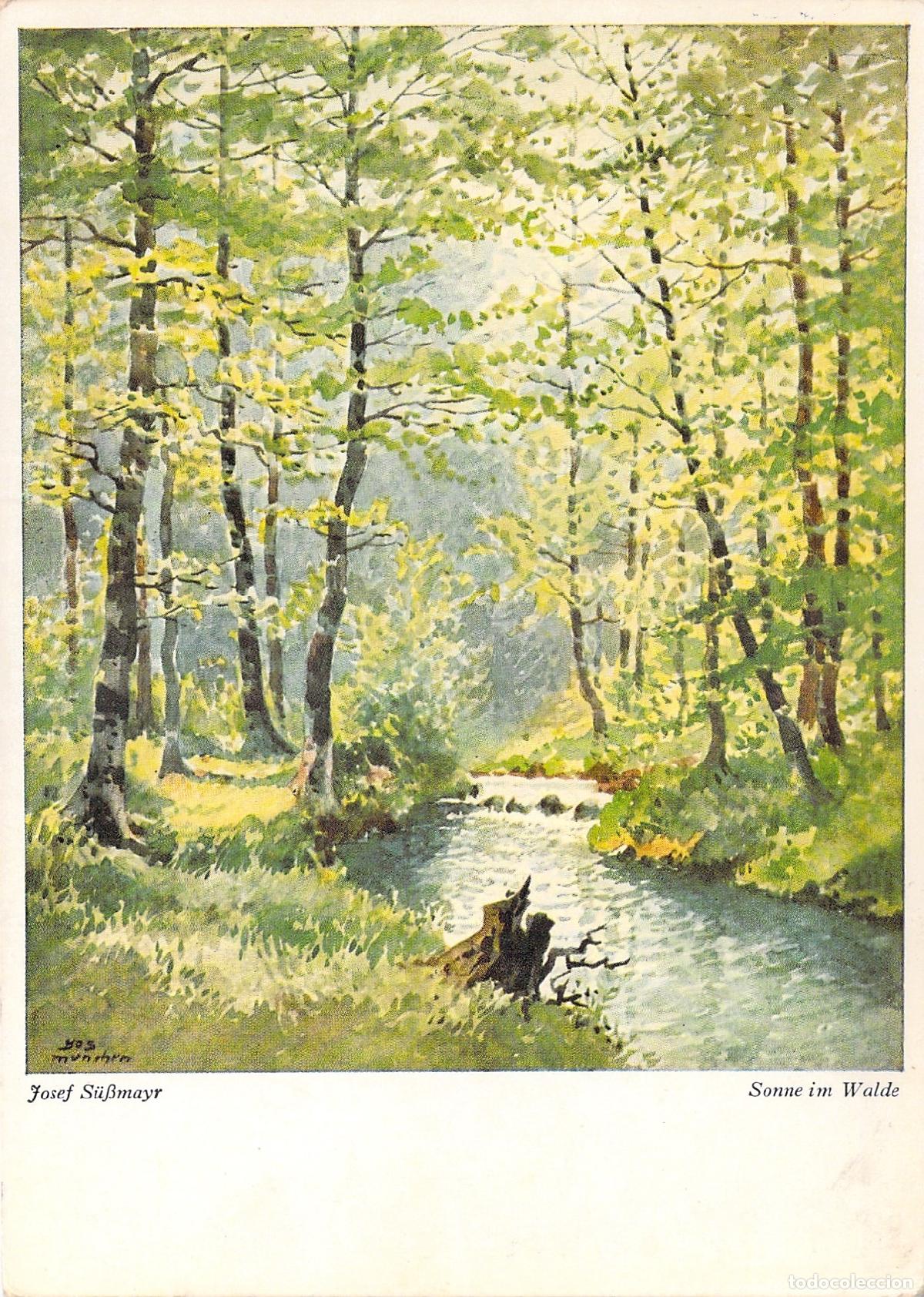 Postais: Postal Arte Acuarela Bosque Sol en el Bosque Josef S&uuml;ssmayr Alemania