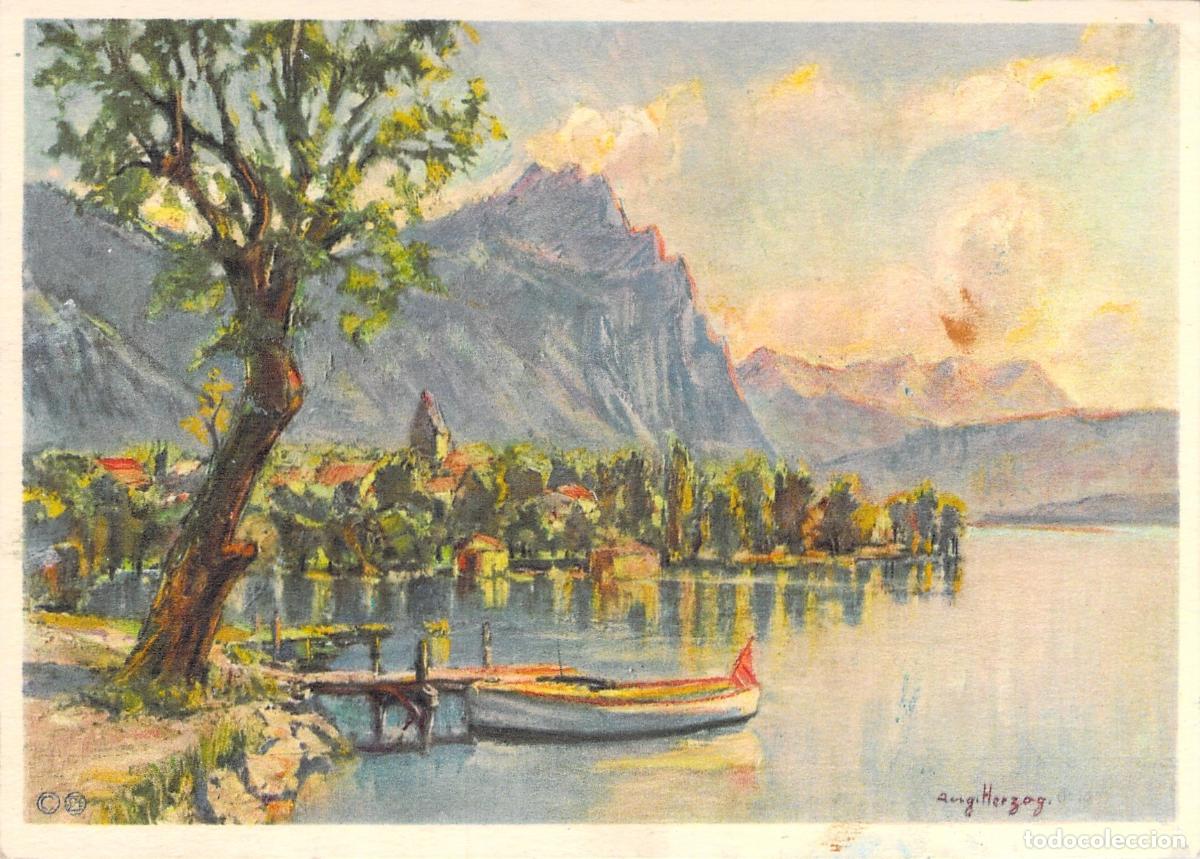 Postales: Postal de Weesen Suiza, Vista del Lago Walensee, Ilustraci&oacute;n Aug Herzog, Alpes