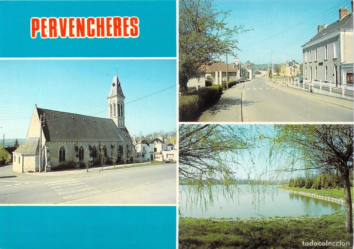 Postkarten: Postal Pervencheres, Orne: Iglesia XV, Estanque y Calle Principal, Francia