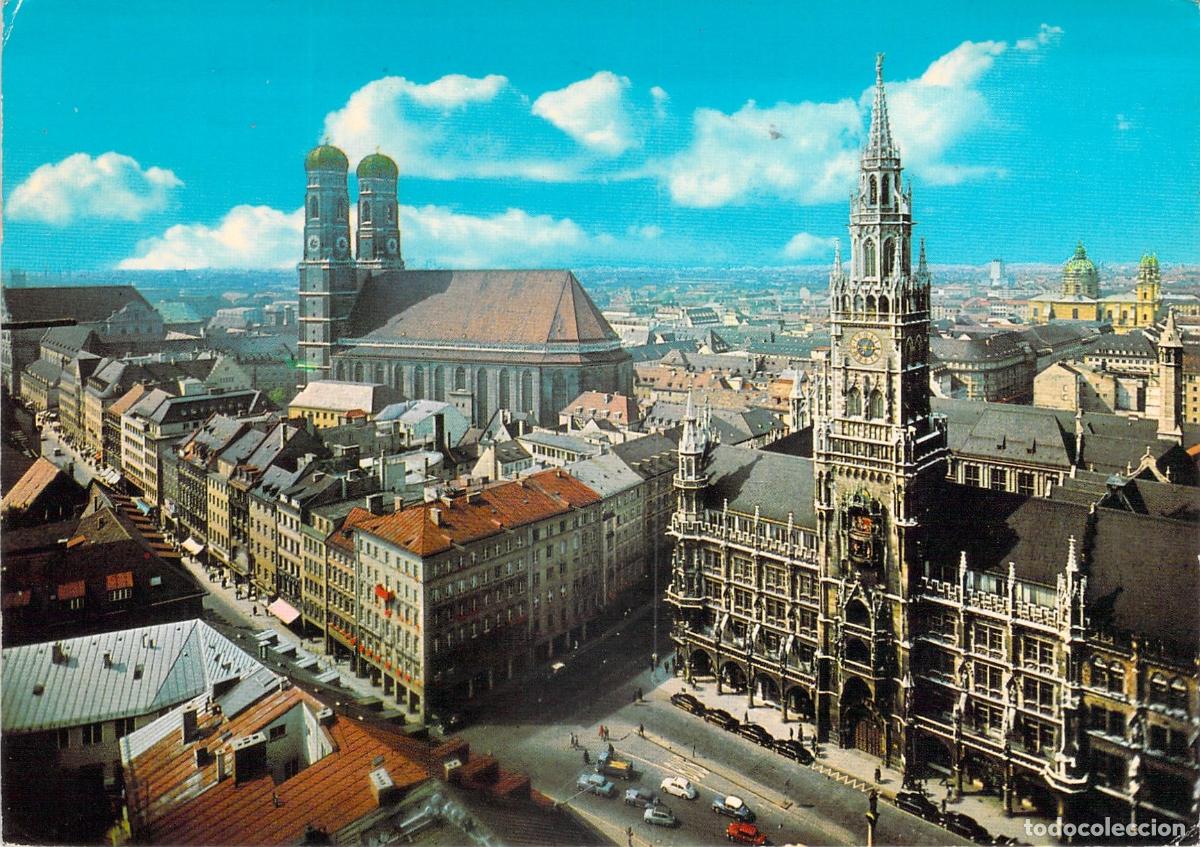 Postales: Postal M&uacute;nich Alemania Vista Panor&aacute;mica Rathaus y Frauenkirche desde San Pedro