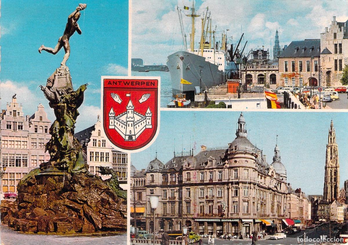 Postais: Postal de Amberes, B&eacute;lgica: Fuente de Brabo, Puerto y Arquitectura
