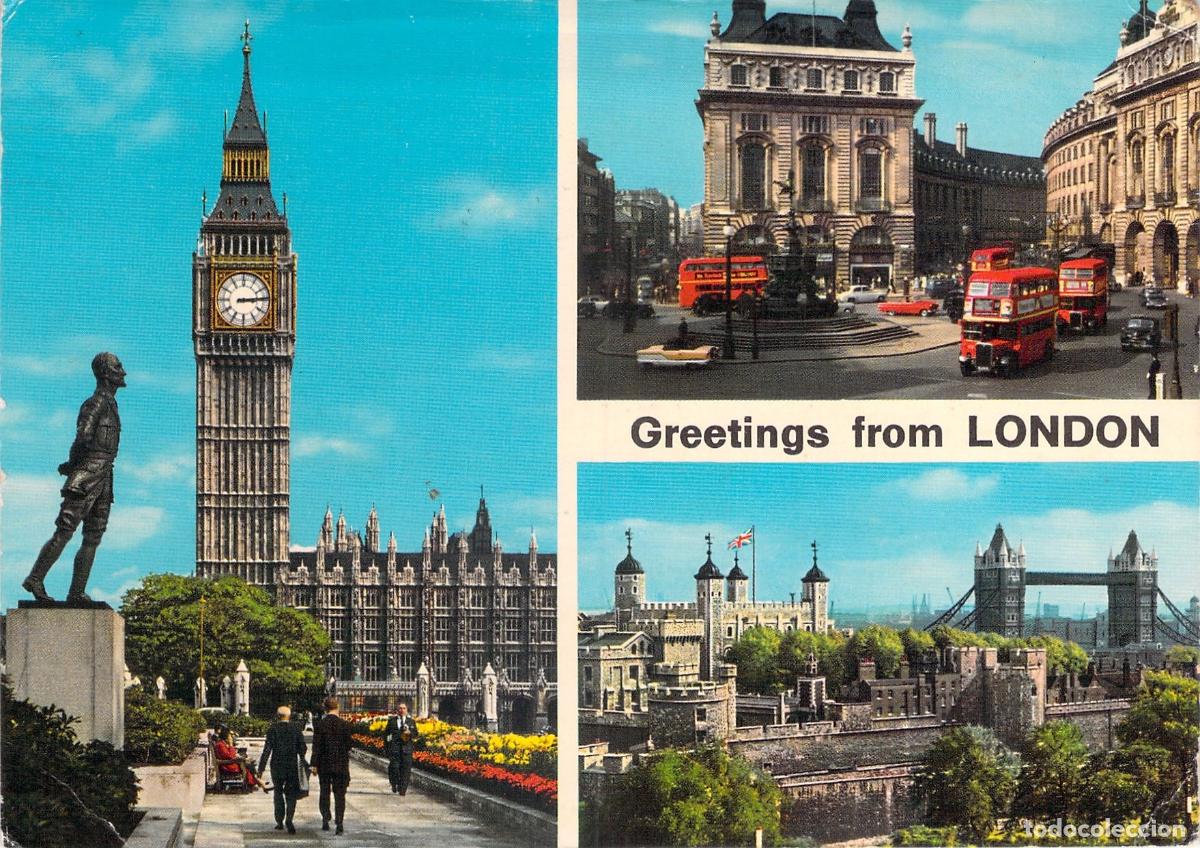 Postales: Postal Londres Vistas M&uacute;ltiples Big Ben Torre Puente John Hinde 1963