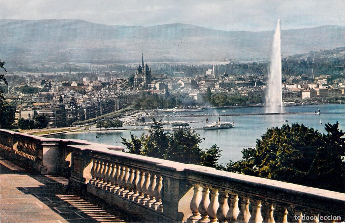 Postales: Postal Ginebra (Suiza) - Vista Panor&aacute;mica desde Cologny y el famoso Jet d'Eau.