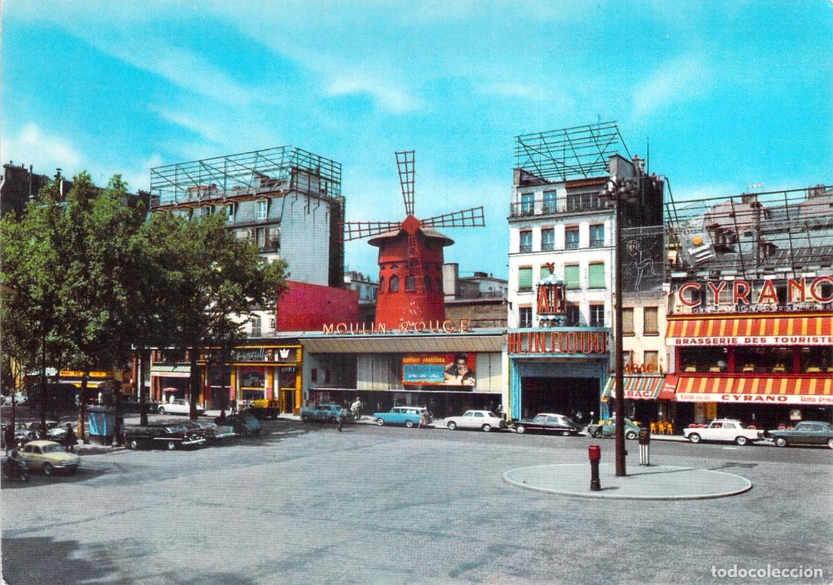 Postales: Postal de Par&iacute;s. Moulin Rouge y Place Blanche. Vista con autom&oacute;viles.