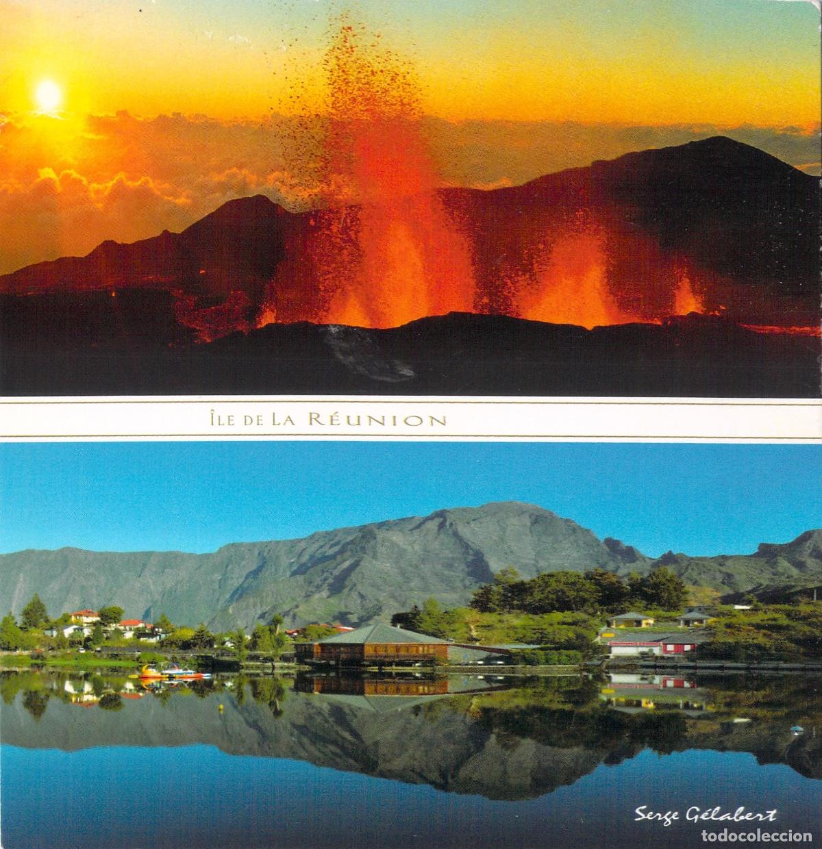 Postais: Postal Reuni&oacute;n, Volc&aacute;n Fournaise en Erupci&oacute;n y Lago Cilaos, Francia