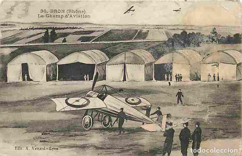 Postales: France - 69 - Bron - Le Champ d'Aviation - Anim&eacute;e - Avions - Etat pli visible - CPA - Voir Scans Rec