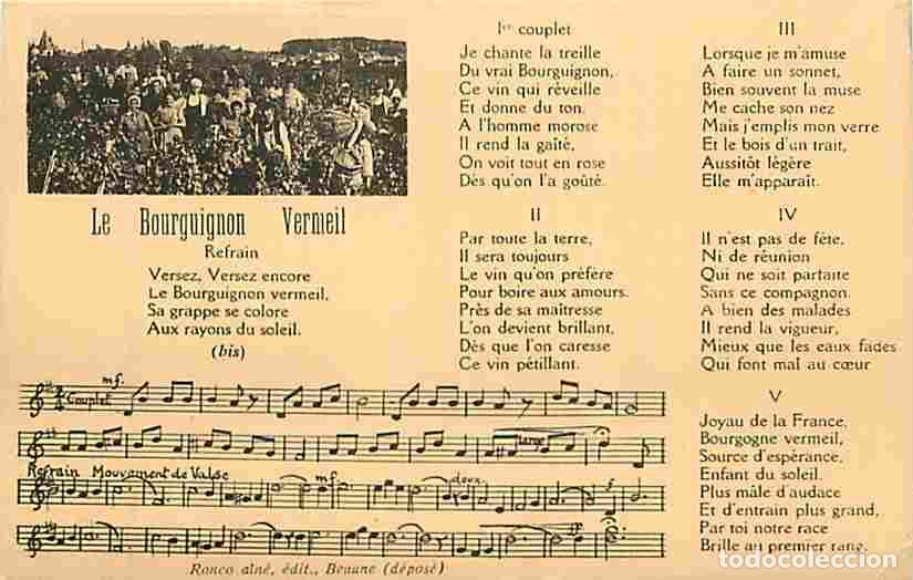 Postkarten: France - 21 - Beaune - Paroles et Partition de la Chanson Le Bourguignon Vermeil - Anim&eacute;e - Vignes -