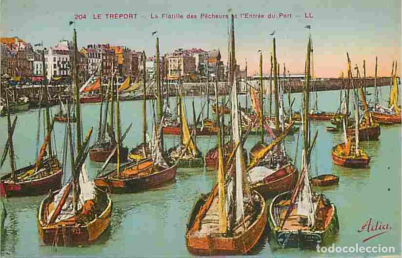 Postkarten: France - 76 - Le Tr&eacute;port - La Flotille des Pecheurs et l'Entr&eacute;e du Port - Bateaux - Coloris&eacute;e - CPA